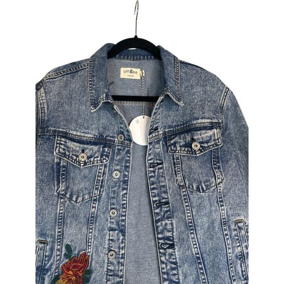 Umgee Women's Frayed Hem Embroidered Floral Denim Jean Jacket Size L Blue NWT - Picture 5 of 10